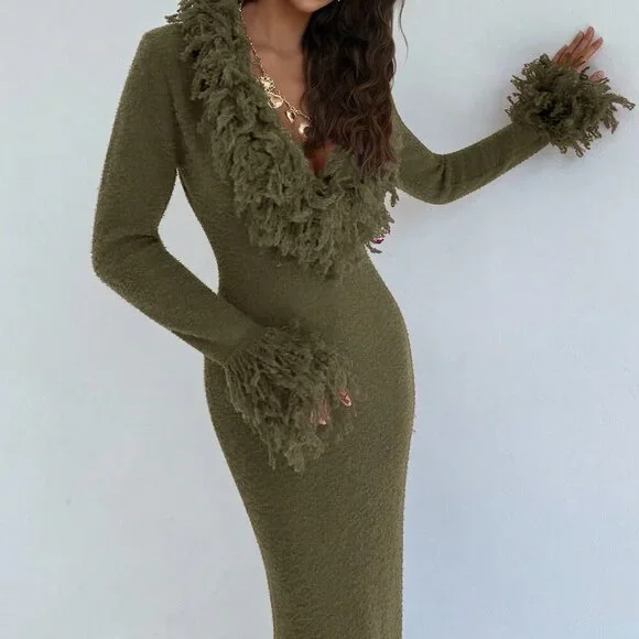 Army Green Elegant Women's V-Neck Fringed Fuzzy Maxi Sweater Dress is  available for purchase on au PAY Market - Imported Goods Online Store  Co.Ltd. | au PAY Market - Online Shopping Site